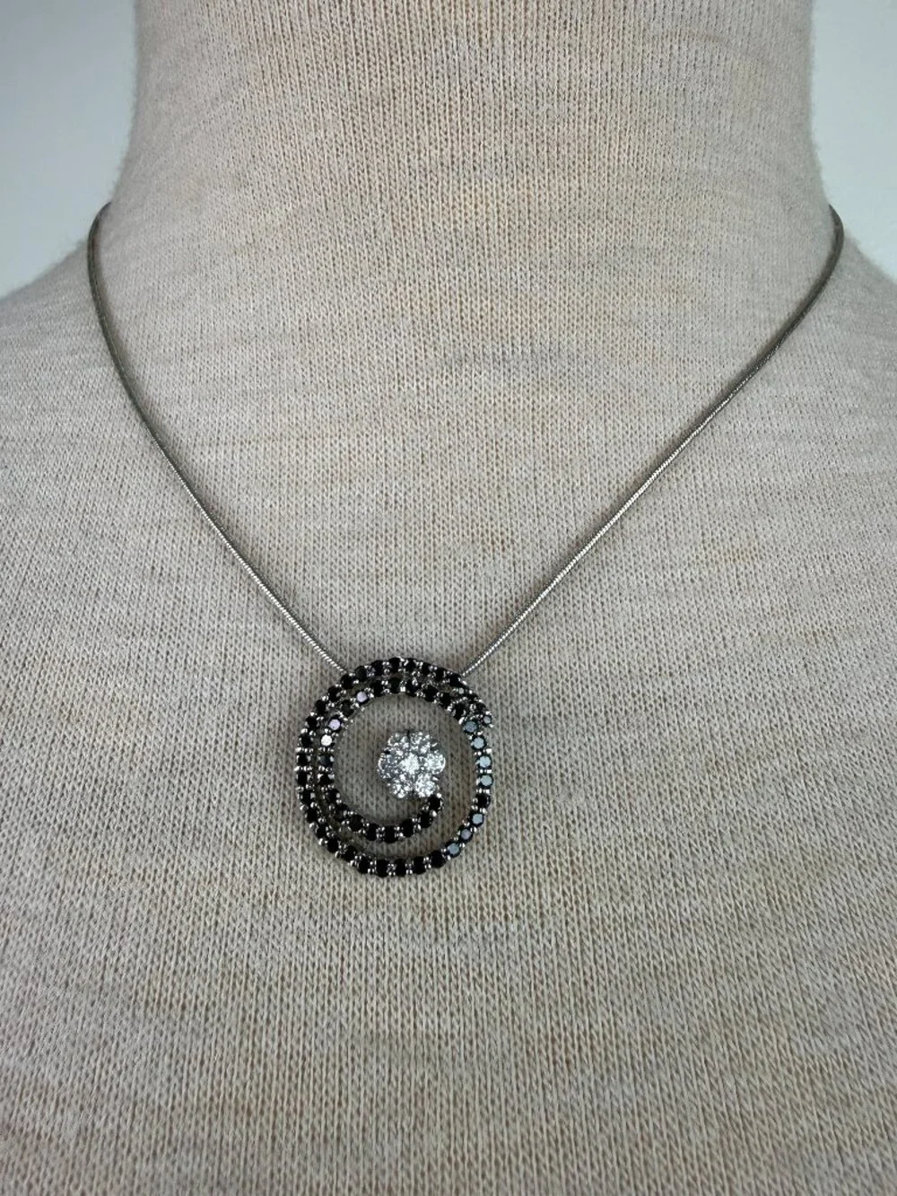 Vintage Kiam Family Rhinestone Spiral Necklace Silver Tone Black Swirl Pendant L